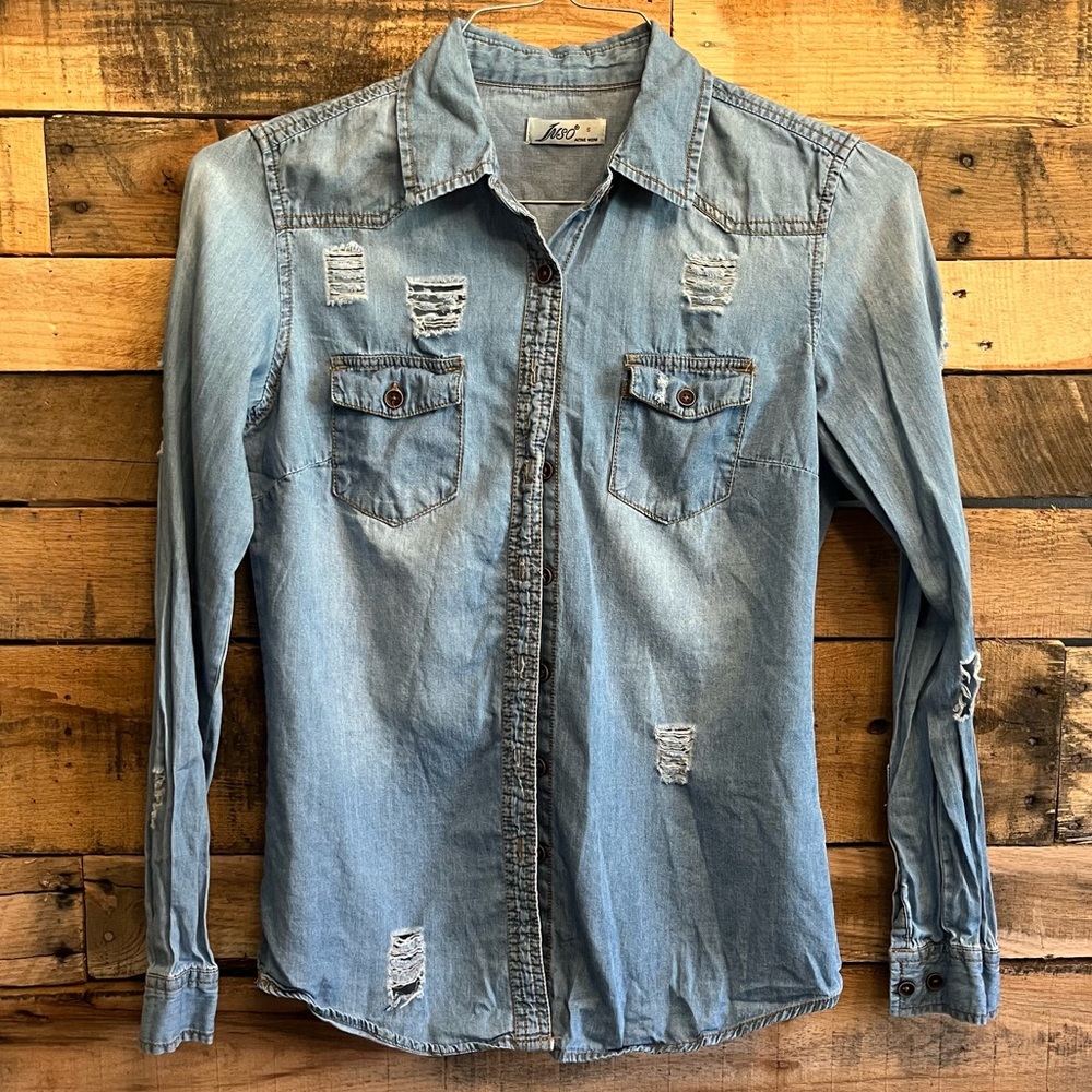 distressed denim button down